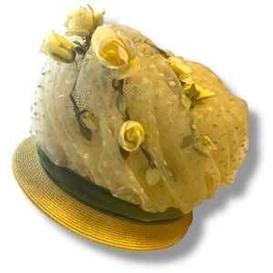 Vintage Doris Designs Bouffant Bubble Hat w/Yellow Polka Dot Tulle and Roses